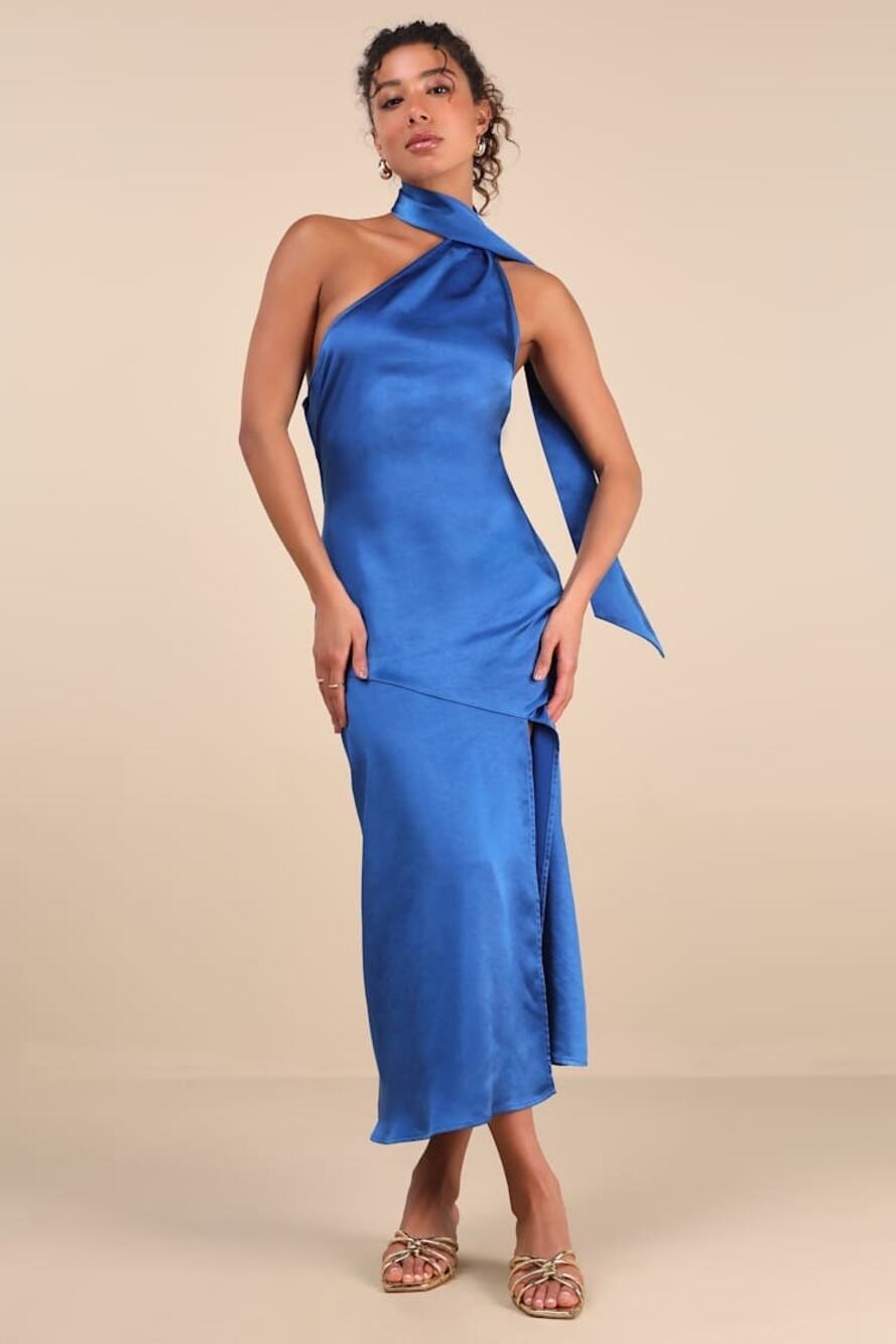 NWT Lulus Reglan Blue Satin One-Shoulder Sash Midi Dress Bridesmaid Gala Size S